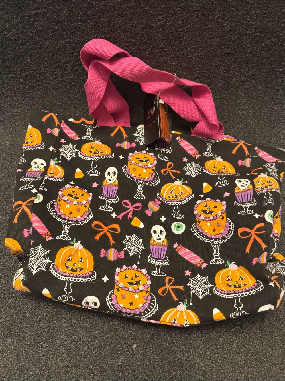 NWT- Halloween Tote Bag, Pumpkin Skeleton Candy Cotton Shoulder Bag, Spooky Cute - Picture 2 of 8